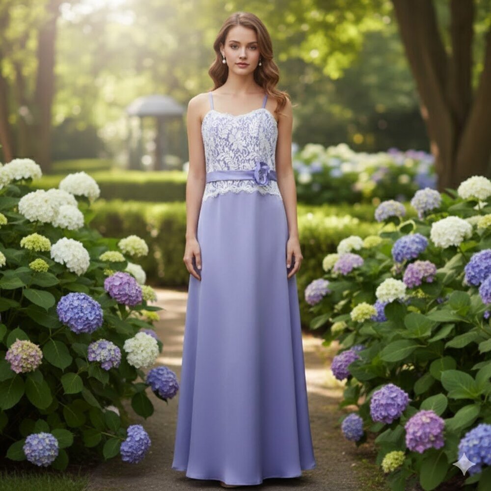 Lavender Satin Gown with White Lace Bodice